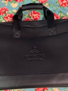 Bugatti Black Leather Briefcase Laptop Carry on Bag With Bakelite Logo